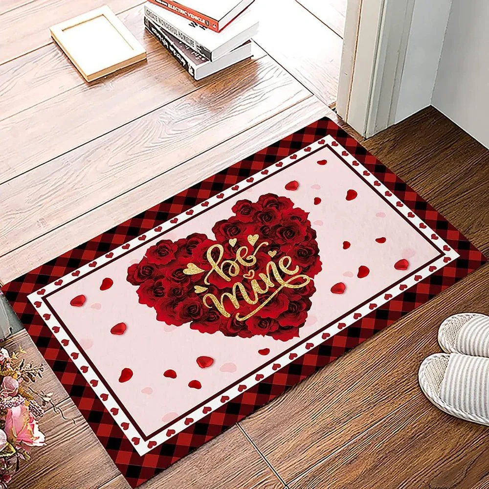 Valentine's Day Doormat Red Heart Rose Buffalo Plaid 18